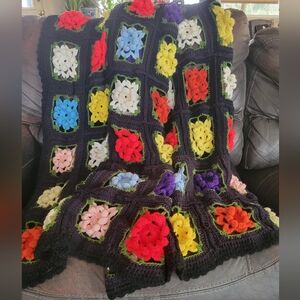 Vintage Handmade Crochet Flower Granny Square Afghan, large throw Blanket
